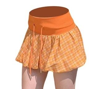 Other - スカート ショートパンツ レディース 夏 オレンジ チェック柄 ドローストリング ハイウエスト Aライン ゆったり おしゃれ カジュアル お出かけ