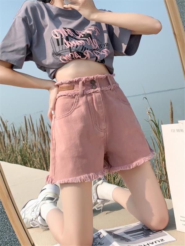 ショートパンツ デニムピンク レディース 春夏 フリンジ ボタン ポケット ハイウエスト ゆったり ワイド Aライン 脚長 ソフト 通気 カジュアル おしゃれ シンプル 大きいサイズ