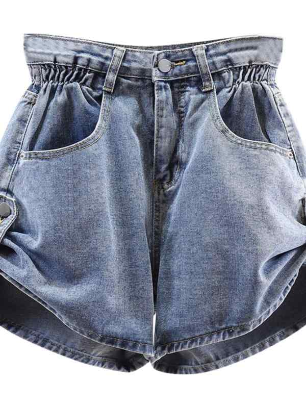 ショートパンツ デニム レディース 春夏 ボタン ポケット ウエストゴム ウォッシュ加工 ワイド 体型カバー ソフト 薄手 カジュアル シンプル グレー 青 大きいサイズ