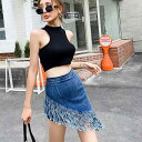 デニムスカート ミニ ショートパンツ 重ね着風 レディース 春夏 アシンメトリー フリンジ ハイウエスト スリム Aライン カジュアル おしゃれ 紺
