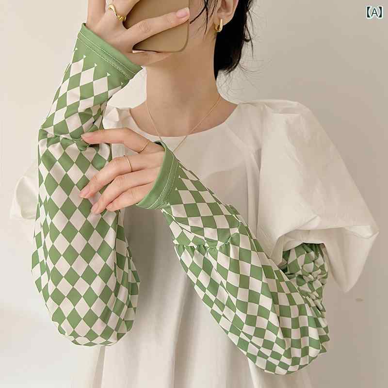 アームカバー レディース 春夏 49cm 日焼け防止 涼しい ゆったり 通気 快適 カジュアル おしゃれ チェック柄 猫 緑 グレー 紫 ドライブ 旅行 アウトドア