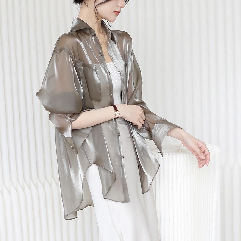 シャツ レディース 長袖 日焼け防止 薄手 夏 ブラウス トップス 羽織り ポロカラー ポケット 透け感 シ..