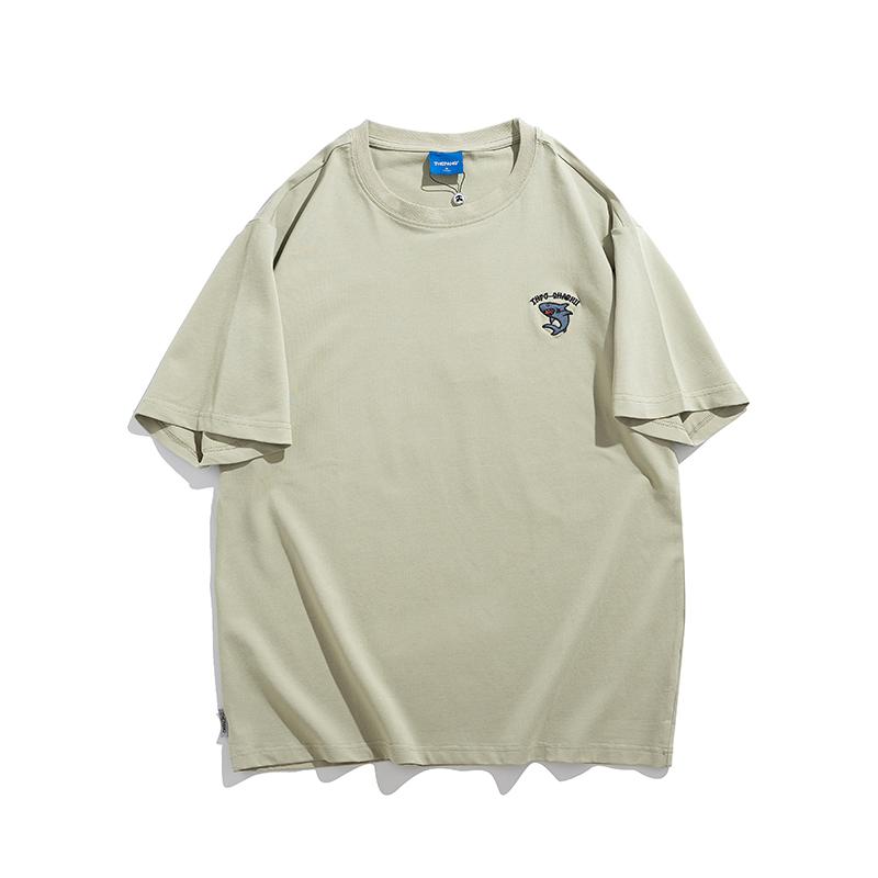 Tシャツ メンズ おしゃれ サメ ワンポイント 大きいサイズ 綿 夏 刺繍 クルーネック ゆったり シンプル 半袖
