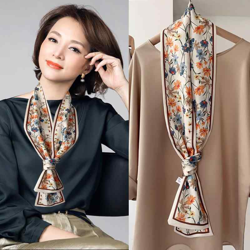 ロングスカーフ 長方形 韓国 春秋 アクセサリー 装飾 多用途 レディース 薄い 長い ヘア ネクタイ バッグ ベルト 夏 プリント 花柄 植物 ドット 白 紺 黒