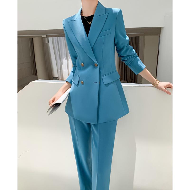 パンツスーツ レディース セットアップ おしゃれ カジュアル 通勤 入学式 春秋 ポリエステル テーラード ジャケット 長袖 ミドル丈 大きいサイズ 青