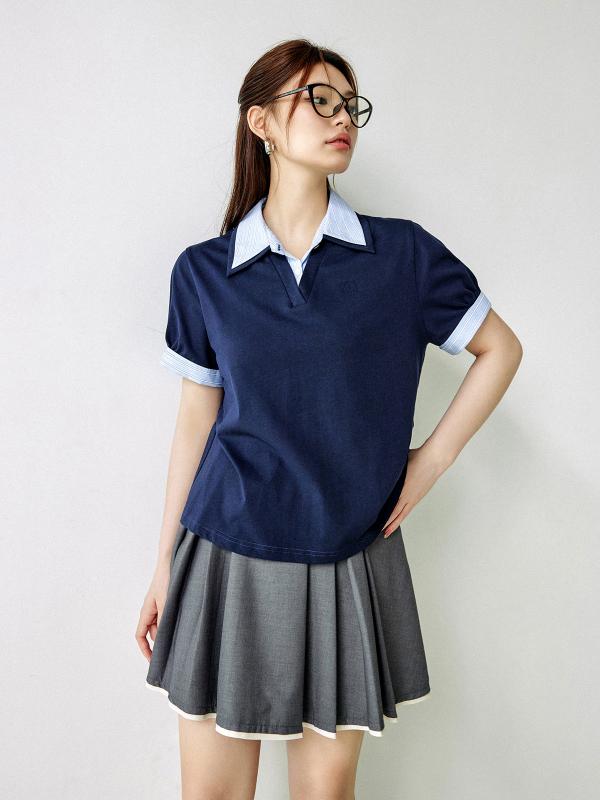 Tシャツ レディース おしゃれ ポロシャツ 綿 透気 学院風 重ね着風 半袖 トップス カジュアル 夏