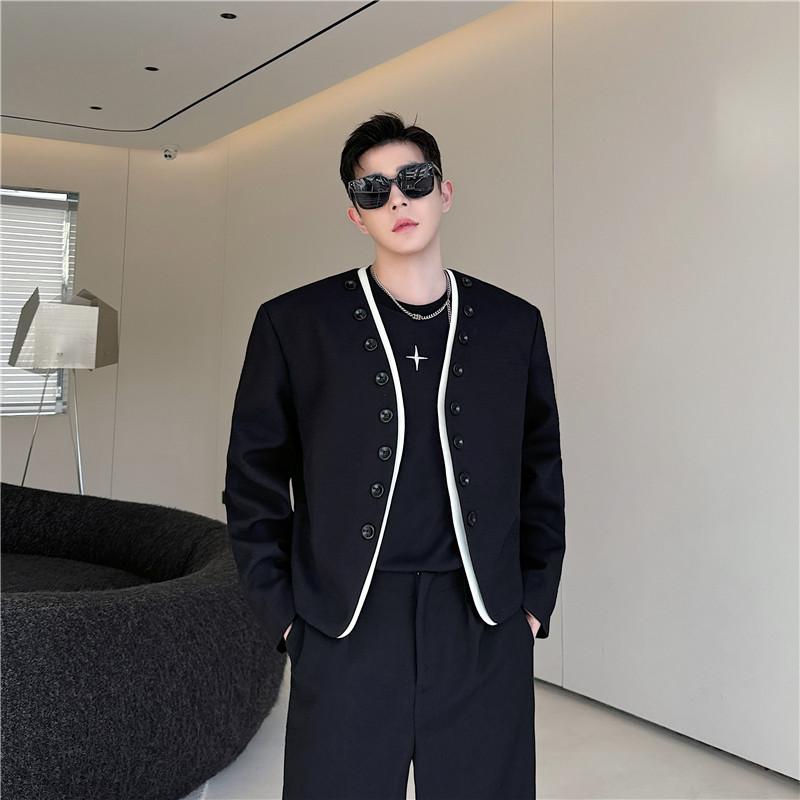 ジャケット ノーカラー 春 メンズ ボタン コントラスト 韓国 襟なし Vネック 長袖 ゆったり ア