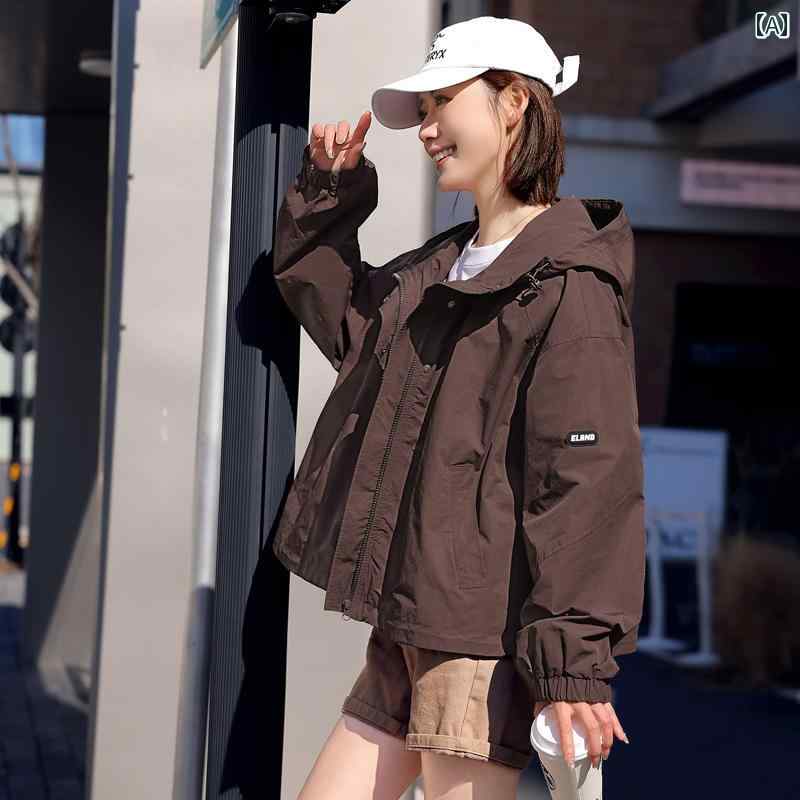 ウインドブレーカー レディース 春 韓国 ゆったり フード カジュアル 多用途 秋 ジップアップ ポケット ボタン 袖絞り 茶 アイボリー 黒 2