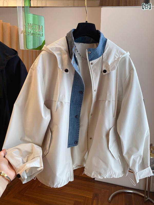 ウインドブレーカー レディース 春 韓国 ゆったり カジュアル フード デニム ステッチ ジャケット 秋 おしゃれ ジップアップ ポケット 黒 アイボリー