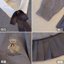 女の子 キッズ プリーツスカート 春秋 カレッジスタイル 上下セット 大きいサイズ セーター 長袖 ポケット ボタン くま 刺繡 グレー 紺