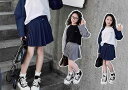 女の子 キッズ プリーツスカート 春 カレッジスタイル 上下セット 長袖 トップス プルオーバー ウエストゴム 大きいサイズ グレー 紺