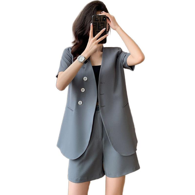 ノーカラー ジャケット レディース 夏 半袖 薄手 大きいサイズ 上着 羽織 前開き スーツ ボトムス ショートパンツ シンプル 通勤 オフィス きれいめ 黒 アイボリー グレー