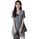 ノーカラー ジャケット レディース 夏 半袖 薄手 大きいサイズ 上着 羽織 前開き Vネック スーツ ボトムス ショートパンツ シンプル 通勤 オフィス カジュアル きれいめ 白 黒 グレー