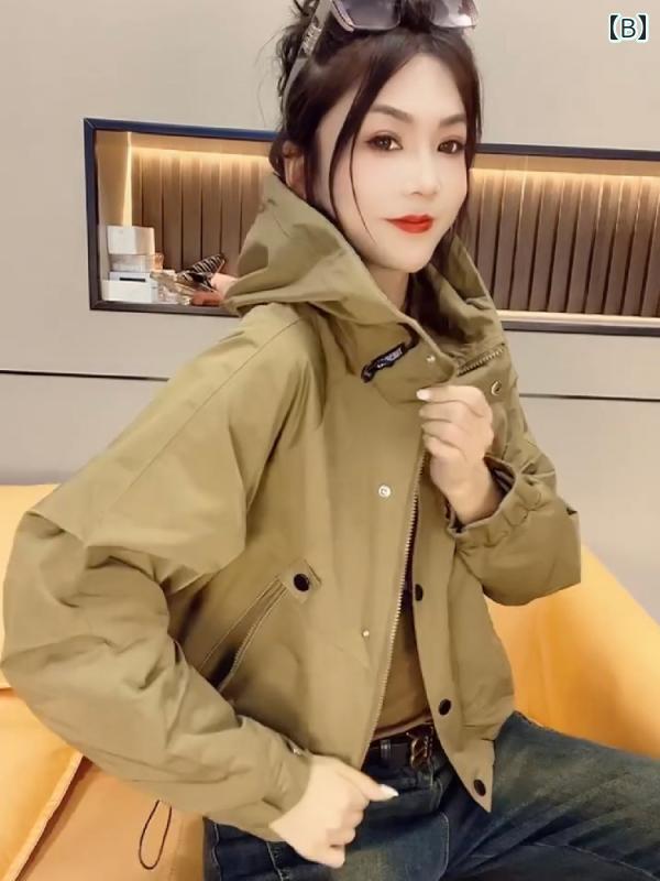 ウインドブレーカー レディース 春秋 おしゃれ カジュアル アウトドア フード付き ジップアップ コットン 長袖 ショート丈 ポケット 黒 緑 茶