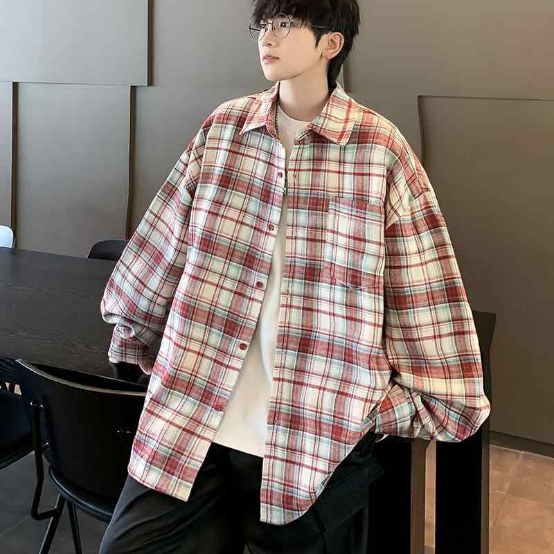 シャツ メンズ 長袖 春秋 チェック柄 ゆったり ビッグシルエット 開襟 前開き ボタン カジュアル