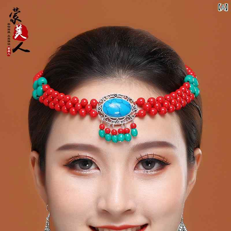 フロントップ楽天市場店のモンゴル 民族衣装 ヘッドバンド レディース 髪飾り ピアス アクセサリー 小物 ビーズ 揺れる コスプレ ダンス パフォーマンス エスニック おしゃれ 赤 白 青｜アングル2