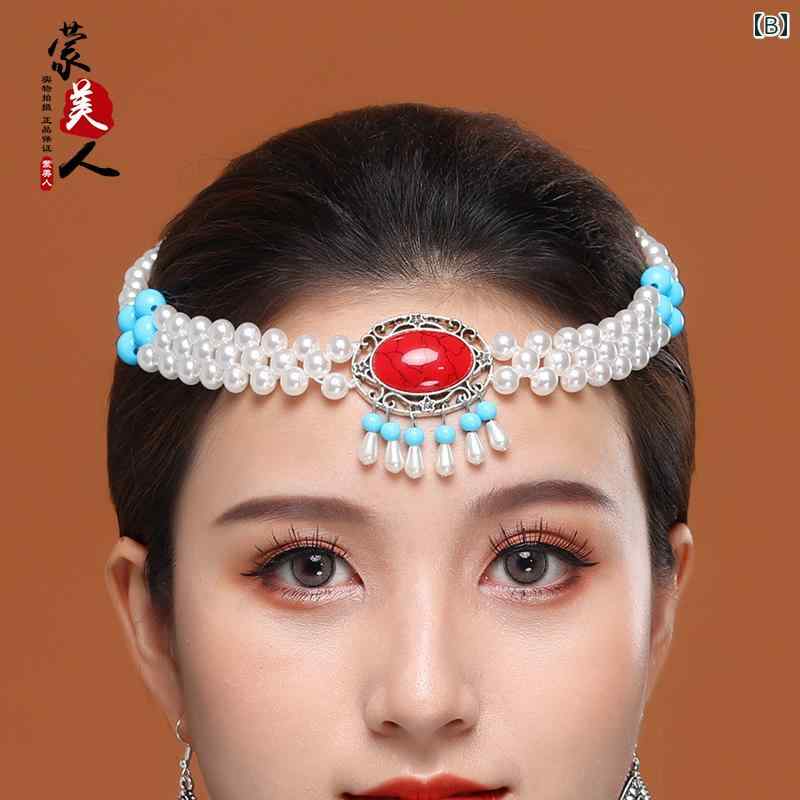 フロントップ楽天市場店のモンゴル 民族衣装 ヘッドバンド レディース 髪飾り ピアス アクセサリー 小物 ビーズ 揺れる コスプレ ダンス パフォーマンス エスニック おしゃれ 赤 白 青｜アングル3
