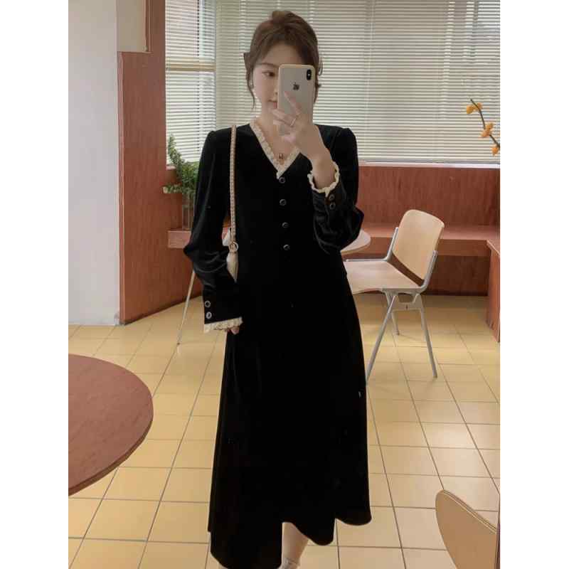 ワンピース レディース おしゃれ 黒 長袖 フレンチスタイル ヴィンテージ風 体型カバー 秋冬 ベルベット レース襟 上品 エレガント
