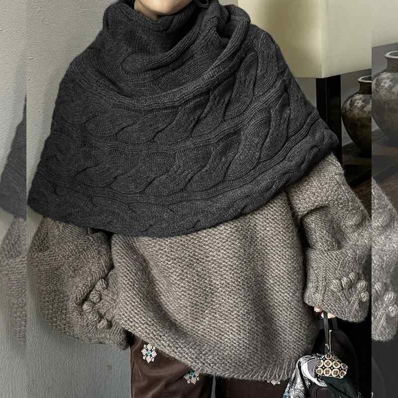 ショール レディース フレンチ ハイネック ニット ポンチョ ストール マフラー スヌード ケーブル編み ..