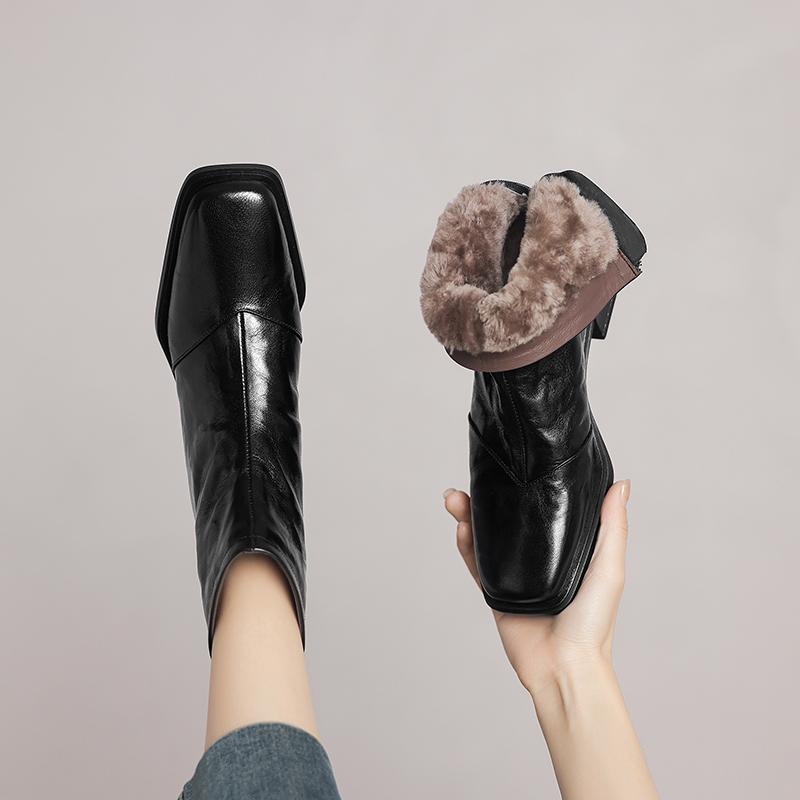 ブーツ レディース シープスキン ムートン リアルレザー スノーブーツ 編み上げ レトロ スクエアトゥ チャンキーヒール 太ヒール 細見え 美脚 裏ボア 厚手 防寒 暖か 保温 冬