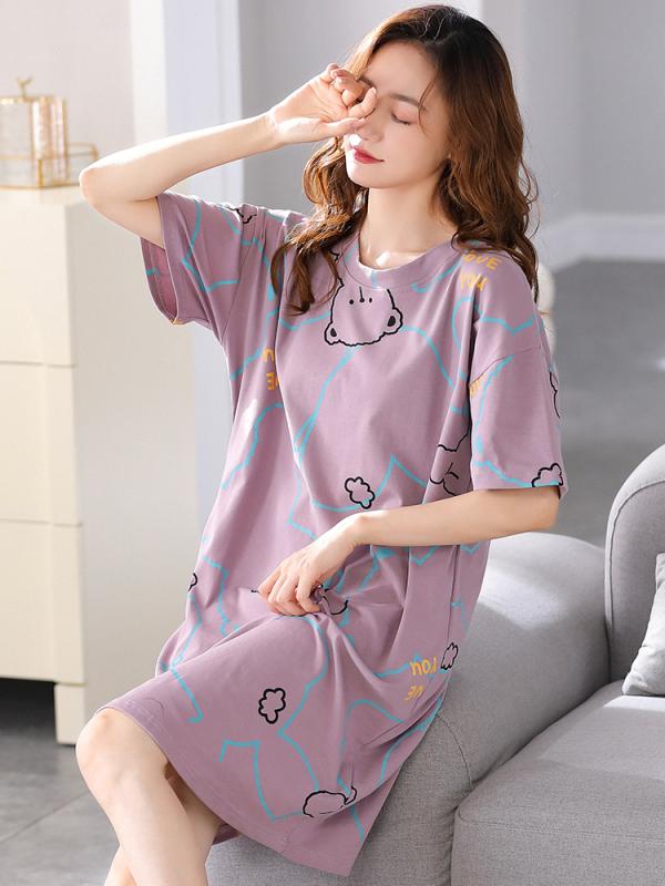 ネグリジェ ワンピース レディース 綿 半袖 春夏 薄手 ゆったり ラウンドネック 大きいサイズ カジュアル 楽ちん かわいい ボーダー チェック くま