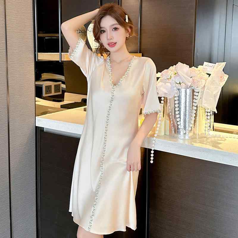 ネグリジェ ワンピース レディース 半袖 薄手 涼しい 春夏 Vネック 通気性 快適 レース パジャマ ホームウェア シンプル おしゃれ ピンク 紫 赤 大きいサイズ