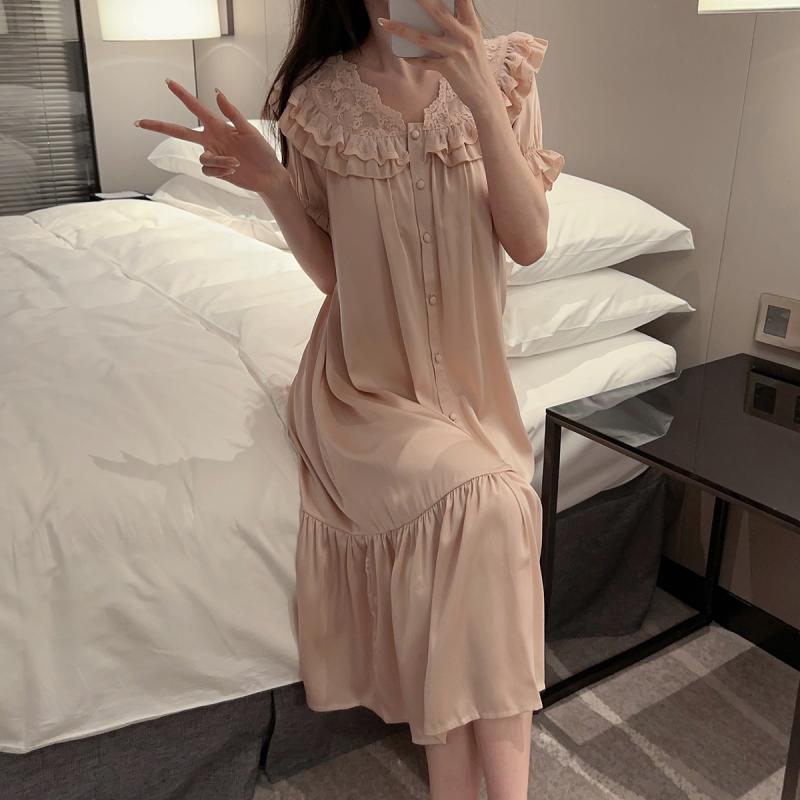 ネグリジェ ワンピース レディース カップ付き 薄手 半袖 春夏 Vネック フリル ホームウェア 涼しい レ..