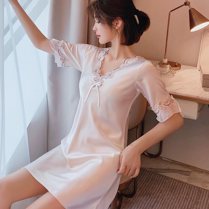 ネグリジェ ワンピース レディース 涼しい 半袖 薄手 春夏 セクシー Vネック 韓国 大きいサイズ 刺繍 リボン ミニ丈 おしゃれ レース ホームウェア 寝間着 紫 赤 ピンク 大きいサイズ