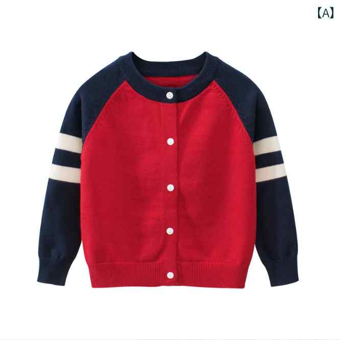 男の子 カーディガン 子供服 キッズ 薄手 長袖 羽織り トップス 韓国 春秋 ラウンドネック ボタン 前開き ボーダー カジュアル スポーティ 赤 グレー参考身長：90cm 100cm 110cm 120cm 130cm 140cm