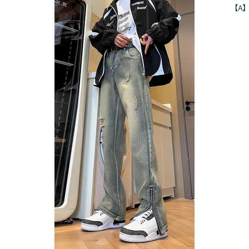 デニム ダメージ メンズ リップド スリット ジーンズ 春秋 ストリート カジュアル ストレート ロング パンツ 夏 冬 大きいサイズ 青 黒