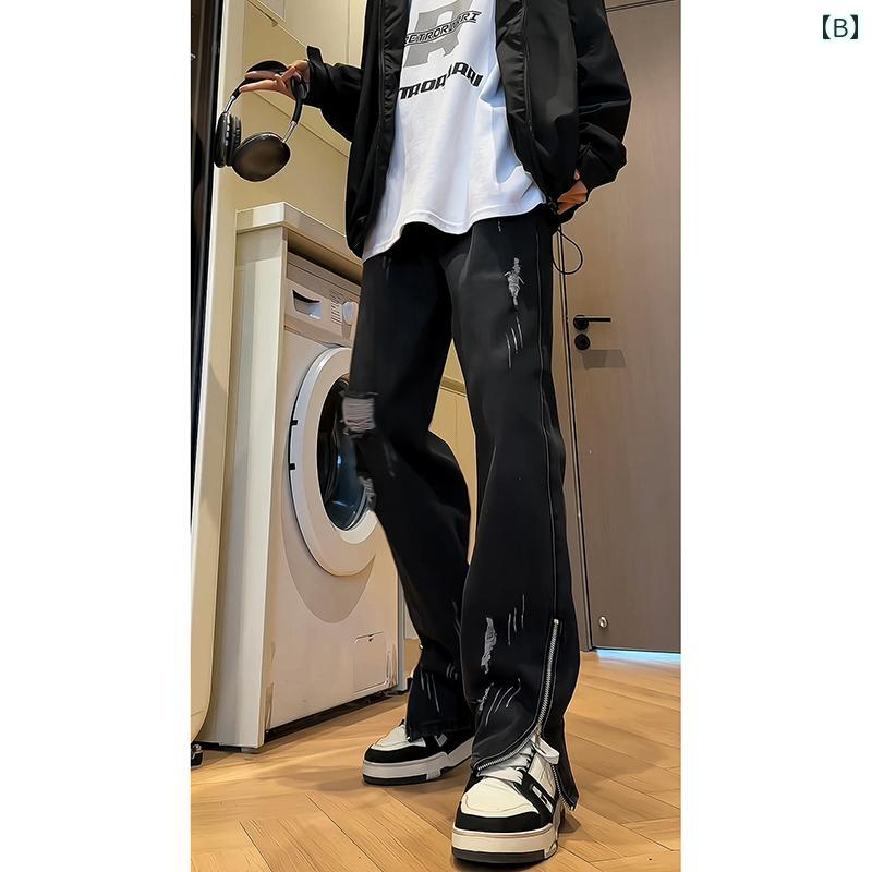 デニム ダメージ メンズ リップド スリット ジーンズ 春秋 ストリート カジュアル ストレート ロング パンツ 夏 冬 大きいサイズ 青 黒