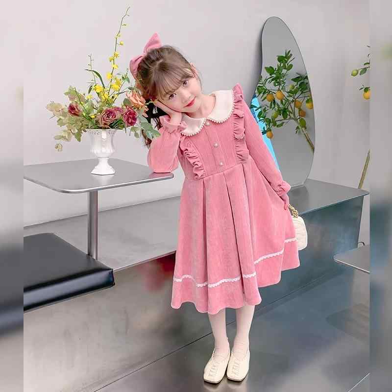 长袖 - ワンピース 子ども キッズ 春 女の子 秋 カジュアル 長袖 Aラインスカート ビッグカラー パール フリル 膝下 ギャザー かわいい レース 大きいサイズ お出かけ 発表会 ピンク 赤