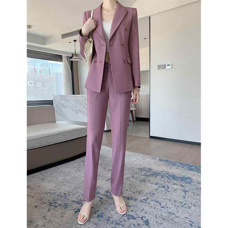 Pants Suit - スーツ レディース ビジネス 春秋 長袖 ジャケット パンツ セットアップ ダブル ボタン ポケット スリム フィット おしゃれ シンプル 紫 茶色 紺 大きいサイズ