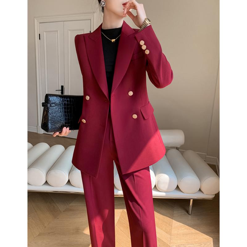 スーツ レディース ビジネス 春秋 長袖 ジャケット パンツ セットアップ ダブル ボタン ポケット スリム フィット おしゃれ シンプル 赤 黒 大きいサイズ