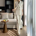 スーツ レディース ビジネス 春秋 長袖 ジャケット ワイドパンツ セットアップ ダブル ボタン ポケット スリム フィット 通気 おしゃれ シンプル ベージュ 紺 大きいサイズ