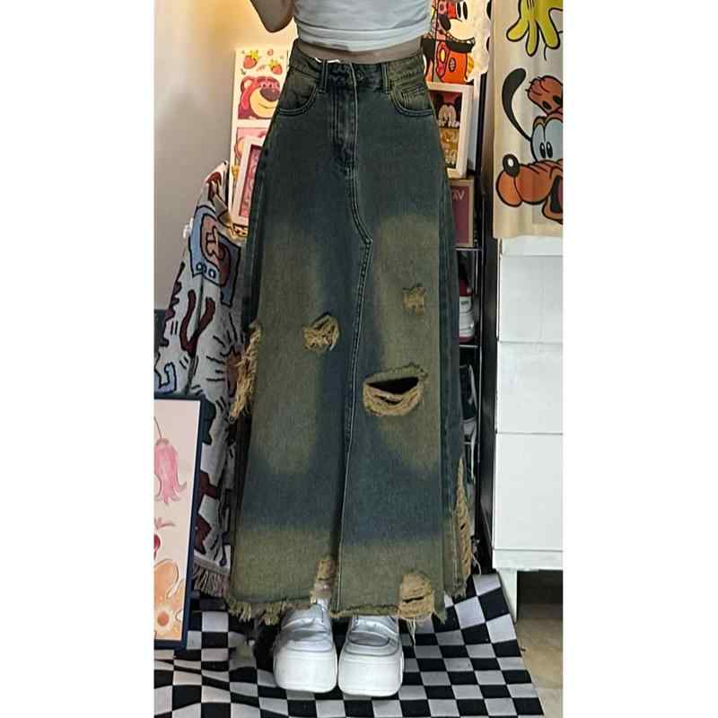 デニムスカート レディース おしゃれ カジュアル アメリカン レトロ 春秋 ハイウエスト 着痩せ ゆったり Aライン マキシ丈 穴あき ダメージ加工 青