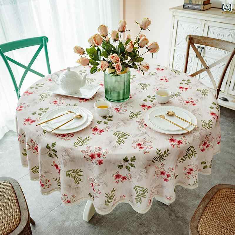 Linen, Hemp - 円形テーブル クロス ラウンド 家庭 アメリカン 綿 麻 花柄 華やか 上品 総柄 白 ティータイム カバー 汚れ防止 レトロ おしゃれ