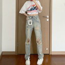 ジーンズ ダメージ 春夏 レディース リップド デニム ハイウエスト パンツ ストリート スリット ストレート ロング 穴あき おしゃれ 青