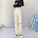ジーンズ ダメージ レディース デニム 春夏 秋 リップド ハイウエスト ルーズ ストレート ワイドレッグ パンツ ストリート ウォッシュド ロング 大きいサイ...
