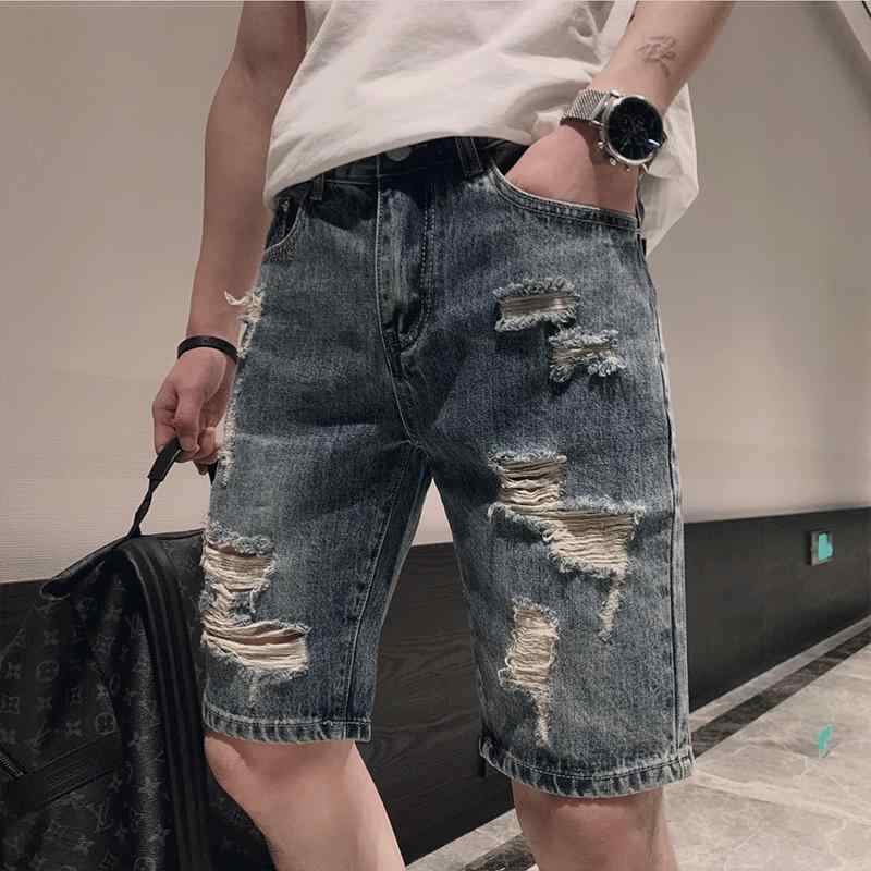 Short, Half Pants - ハーフパンツ メンズ デニム 穴あき ダメージ加工 夏 薄手 スリムフィット 大きいサイズ 膝丈 ストレッチ ストレート カジュアル おしゃれ 青
