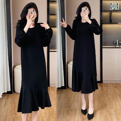 ワンピース レディース おしゃれ 大きいサイズ 長袖 レース フィッシュテール 秋 ベルベット 上品