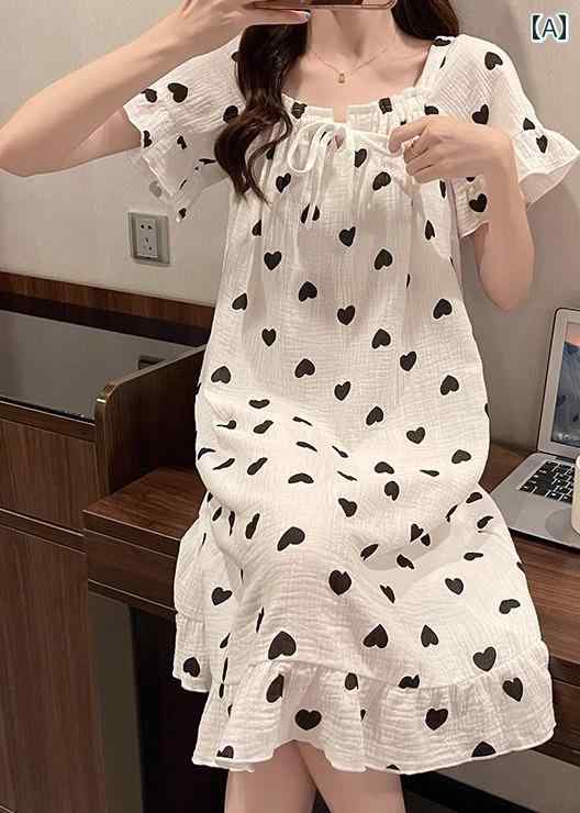 ネグリジェ ワンピース 半袖 レディース パジャマ ルームウェア プルオーバー 夏 薄手 スクエアーネック リボン フリル 綿 プリント かわいい 大きいサイズ ハート 桃