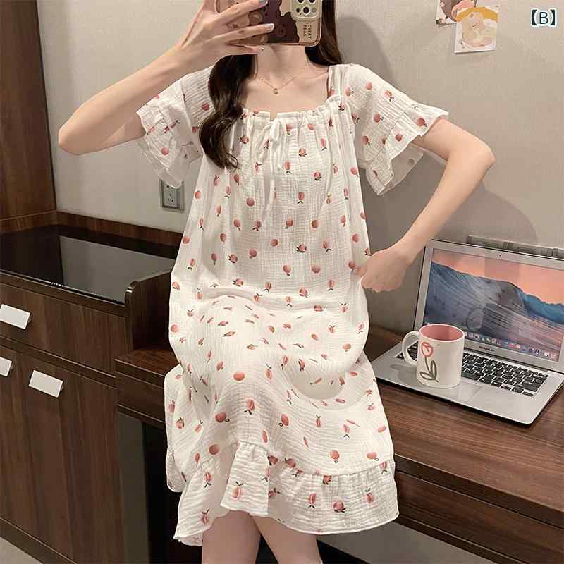 ネグリジェ ワンピース 半袖 レディース パジャマ ルームウェア プルオーバー 夏 薄手 スクエアーネック リボン フリル 綿 プリント かわいい 大きいサイズ ハート 桃