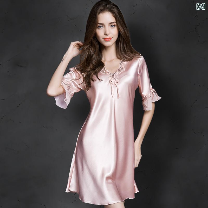 ネグリジェ ワンピース 半袖 レディース パジャマ ルームウェア プルオーバー 春夏 涼しい 薄手 Vネッ..