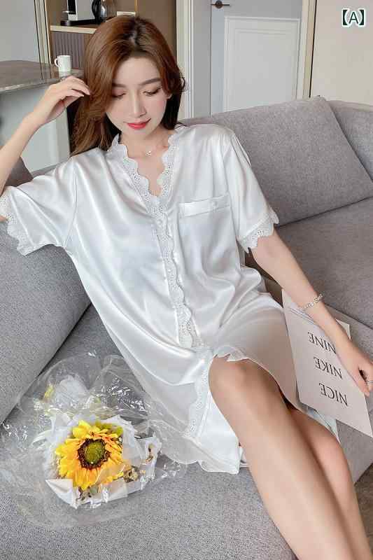 ネグリジェ ワンピース 半袖 レディース パジャマ セットアップ ルームウェア 前開き 夏 涼しい 薄手 Vネック レース 通気性 柔らかい 耐摩耗性 おしゃれ 大きいサイズ 無地 ストライプ クマ 白 ピンク 赤