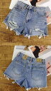 ダメージ デニム ショートパンツ レディース 韓国 夏 ボトムス 短パン ジーンズ ハイウエスト カットオフ スリム 大きいサイズ シンプル カジュアル 青