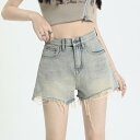 ダメージ デニム ショートパンツ レディース 夏 ヴィンテージ風 アメリカン ボトムス 短パン カットオフ スリム ハイウエスト バイカラー シンプル カジュア...