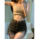 ダメージ デニム ショートパンツ レディース 夏 アメリカン ヴィンテージ風 ボトムス 短パン カットオフ スリム ハイウエスト バイカラー 大きいサイズ シン...
