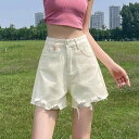 ダメージ デニム ショートパンツ レディース夏 ボトムス 短パン カットオフ ジーンズ スリム 薄手 ハイウエスト バイカラー 刺繍 個性的 カジュアル 青 ア...
