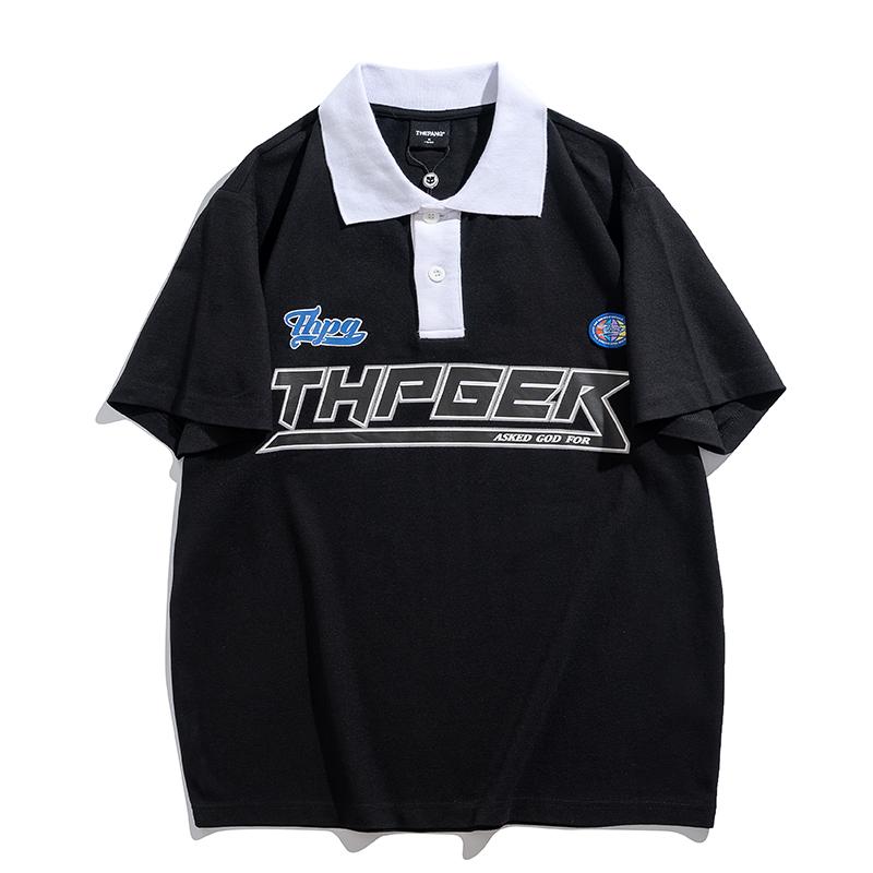 ポロシャツ メンズ おしゃれ 大きいサイズ 夏 半袖 ワイドシルエット 重ね着風 切り替え カジュアル 白襟 ブラック